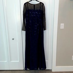 Tahari ASL Navy with black formal evening gown with sequined lace bodice.
